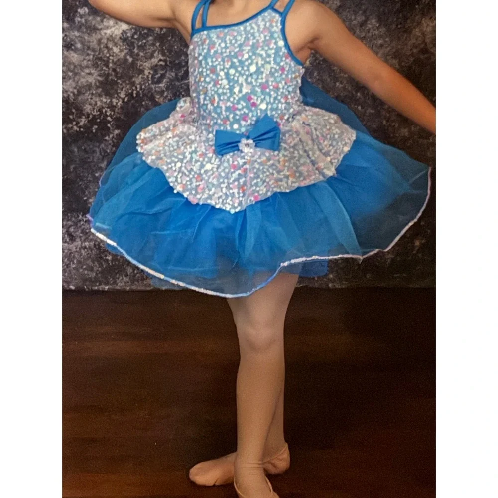 Weissman Kids Large Iridescent Sequin Blue Dance Costume + Pants & Accessories
